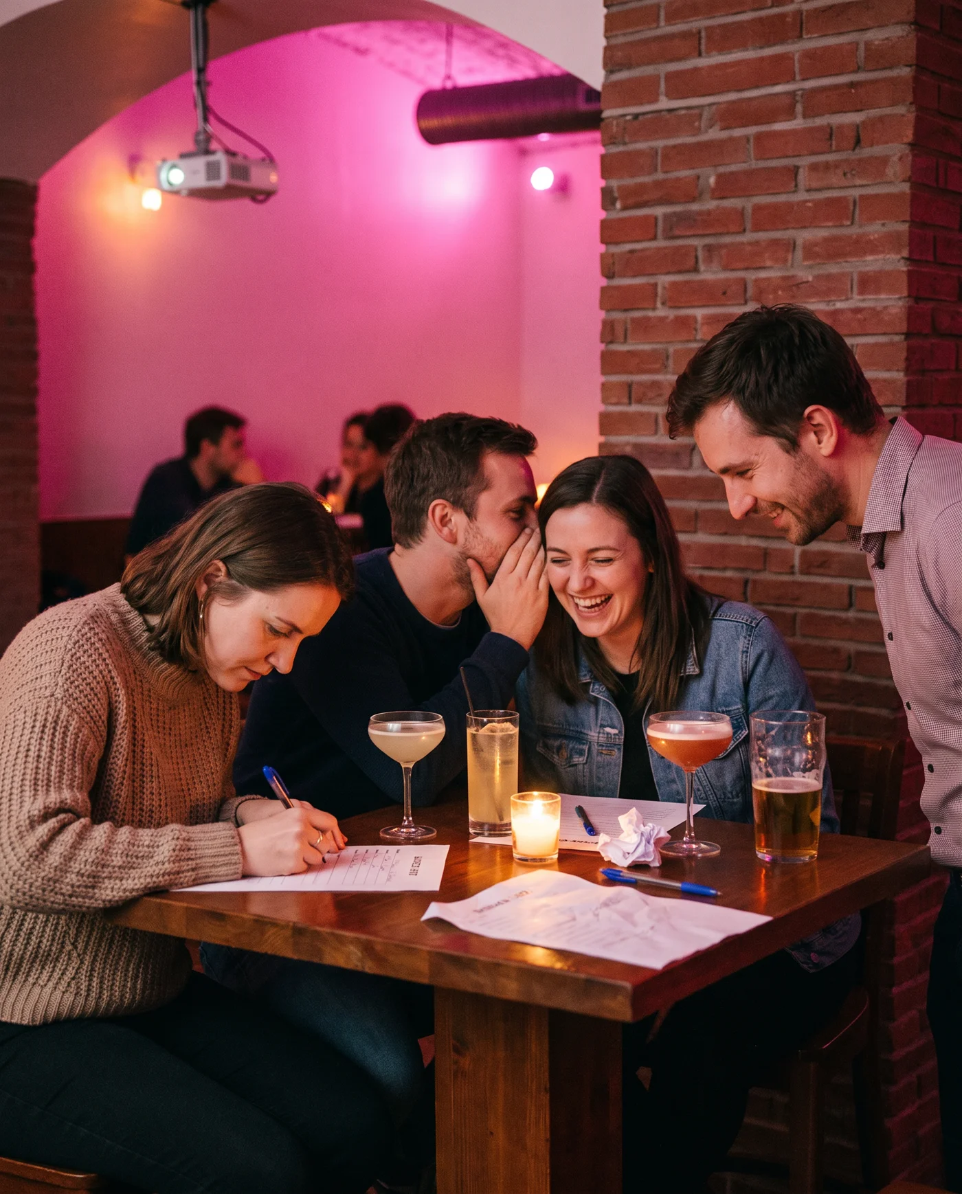 A team at the pub quiz on the lower floor of The Place, answer sheet and cocktails on the table